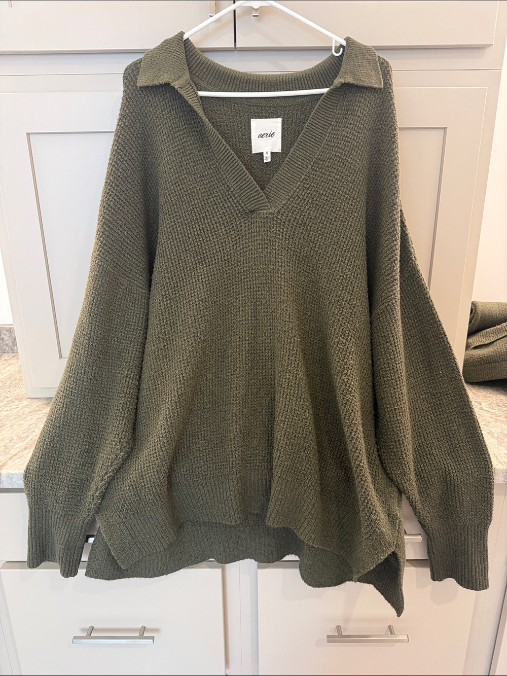 aerie Olive Collared V-Neck Knit Pullover and Pant Set